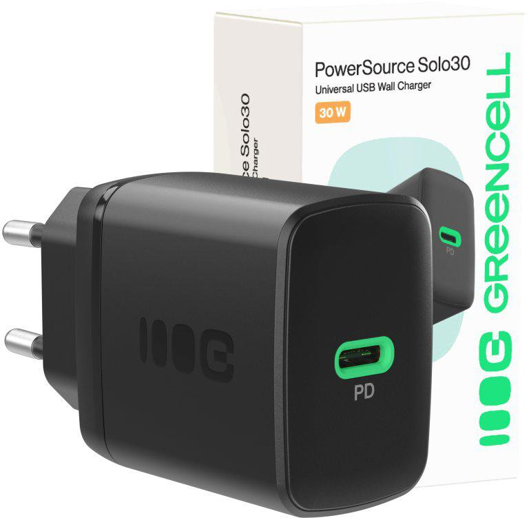 Nabíjačka Sieťová Green Cell PowerSource Solo30 30W 1xUSB-C PD 3.0 QC 4.0+ čierna