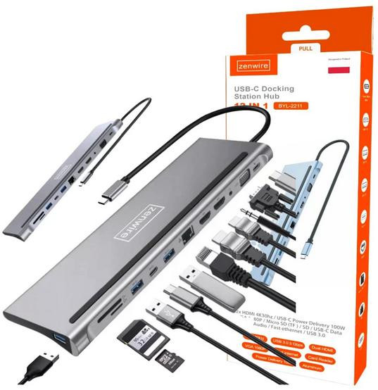 HUB Adaptér USB-C 12w1 Stanica Dokovacia 2x HDMI 4K Ethernet RJ45 USB 3.0 BYL-2211