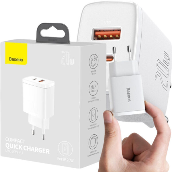 Nabíjačka Sieťová Baseus Compact Quick Charger CCXJ-B02 20W 1x USB-A 1x USB-C PD 3.0 QC 3.0 Biela