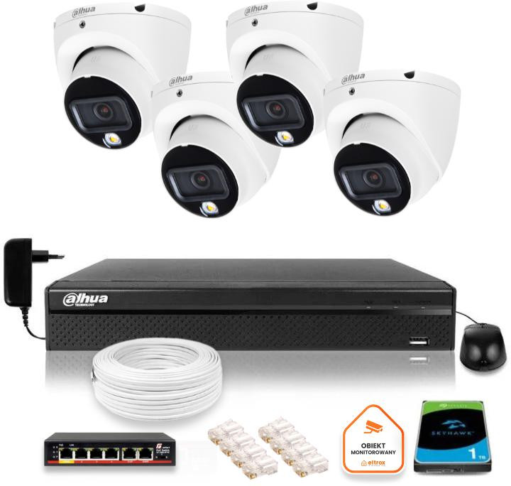 Sada monitoringu IP Dahua 4 kamery kopułkowe 6Mpx Disk 1TB