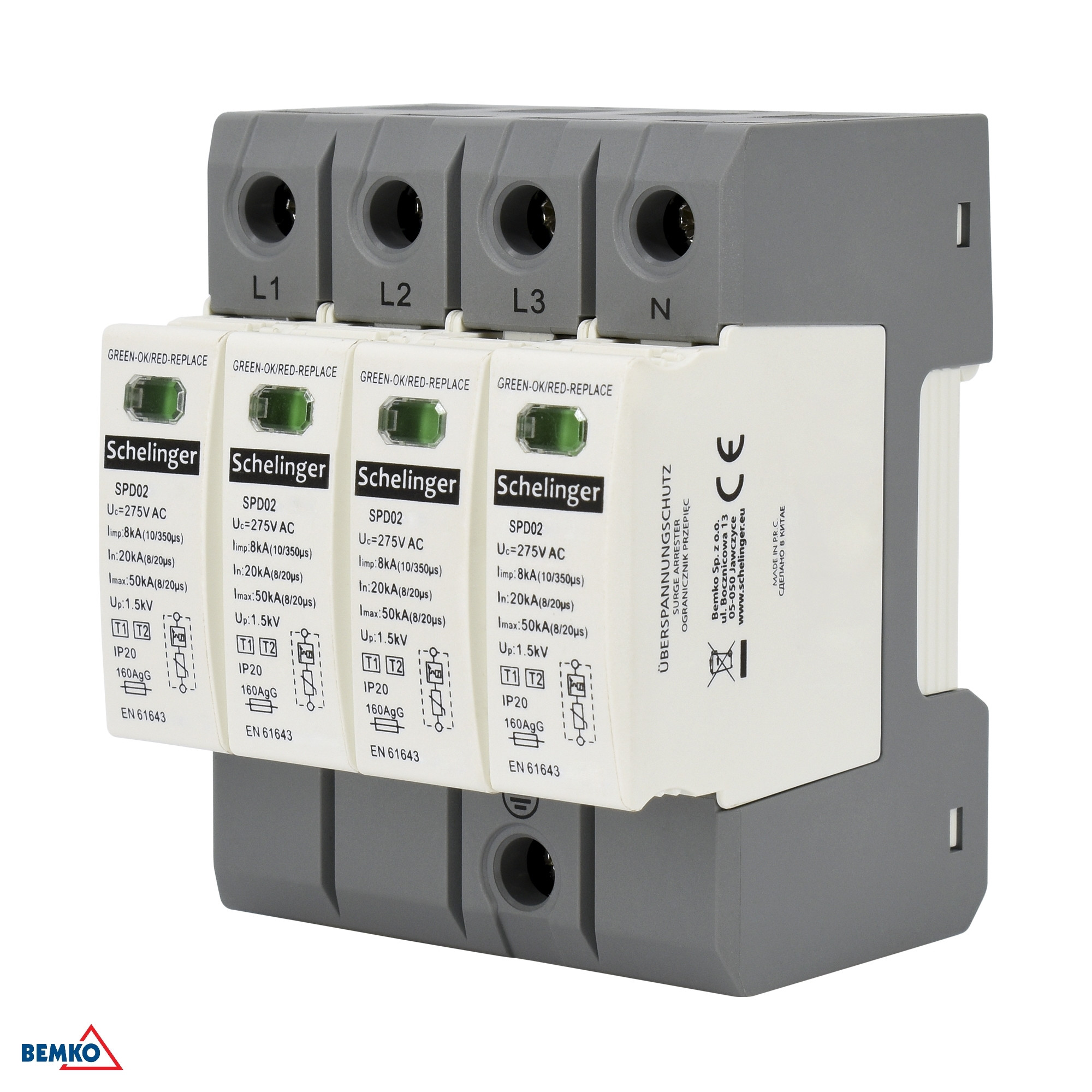 Obmedzovač prepätí 4P 8kA(10/350) Trieda T1+T2 (B+C) Schelinger