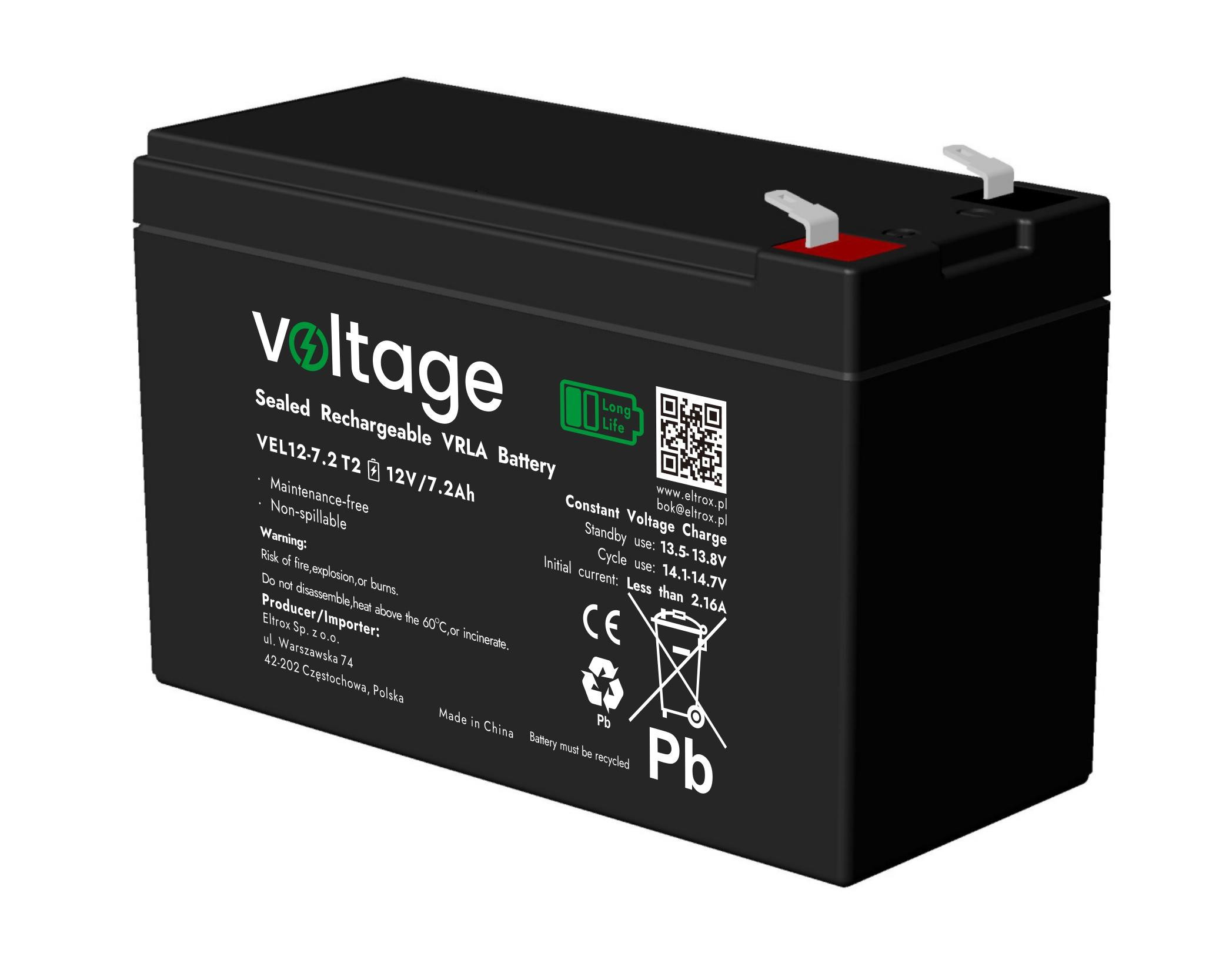 Akumulátor AGM Voltage Long Life 12V 7,2Ah VEL12-7.2 T2 (Životnosť 15 lat)