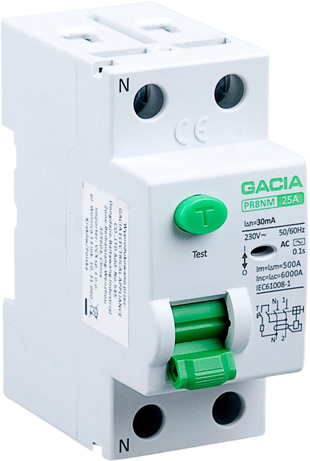 Vypínač prúdový chránič 6kA 2P 25A 30mA typ: AC Gacia PR8NM 2P 25A 30MA AC