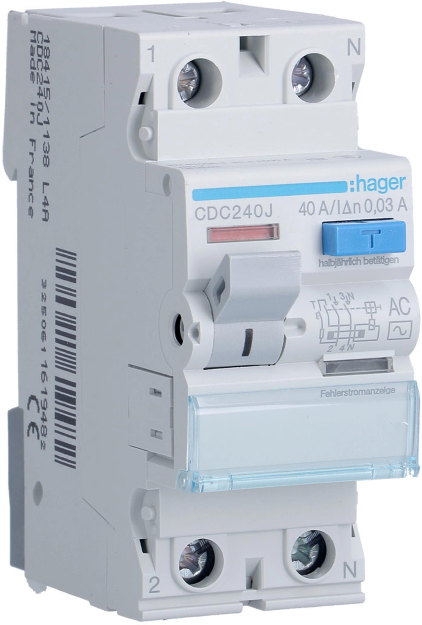 Vypínač prúdový chránič 1P+N 40A 30mA 6kA AC Hager CDC240J