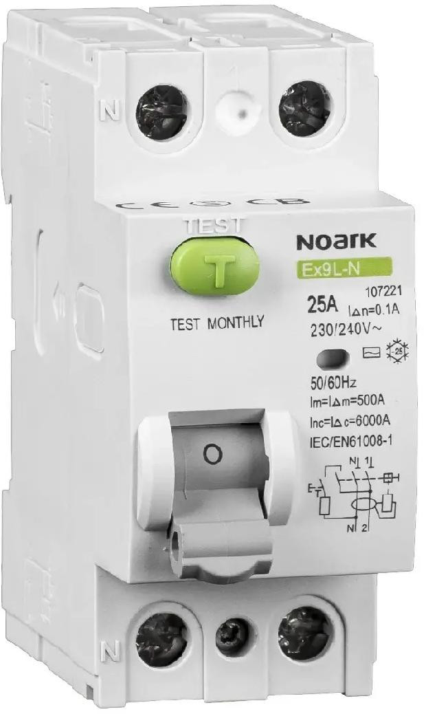 Vypínač Prúdový chránič, 6 KA, 25A, 30MA, 2P Typ AC EX9L-N Noark 108314
